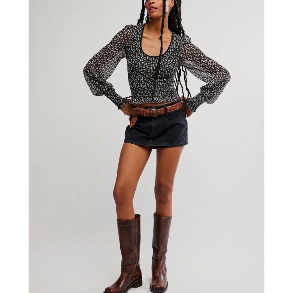 Free People Dottie Black Floral Smocked Long-Sleeve Top